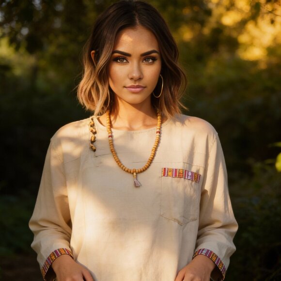 Katmandu Trading Company Tops - Cotton Bhutani Trim Long-Sleeve Round Neck Tunic - Solid Color (Cream)